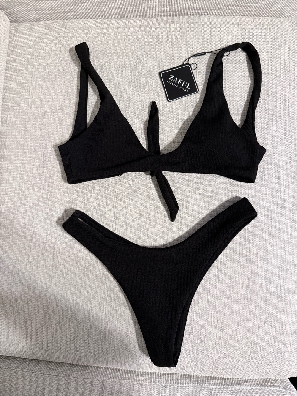 Zaful Black Ribbed Tie-Front Bikini Set